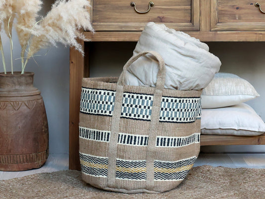 Jute Basket Bag in Blue and Yellow Stripe