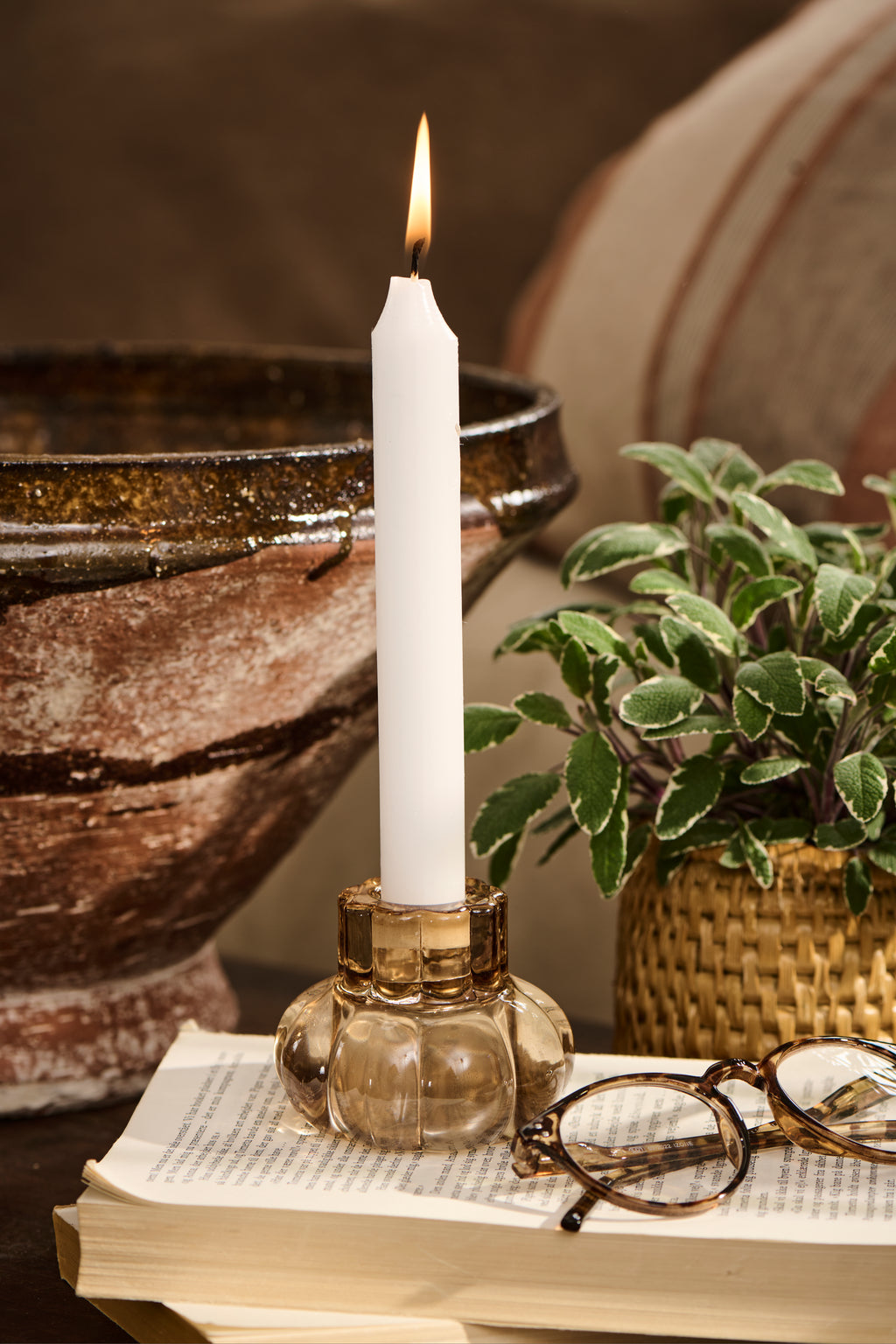 Amber Glass Reversable Candlestick and Tealight Holder