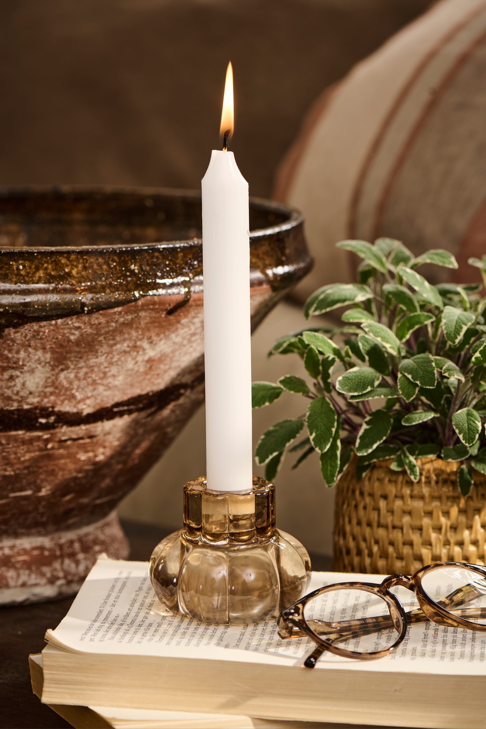 Amber Glass Reversable Candlestick and Tealight Holder