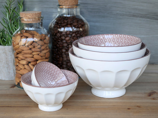 Ares Stacking Bowls in White with Dusty Rose