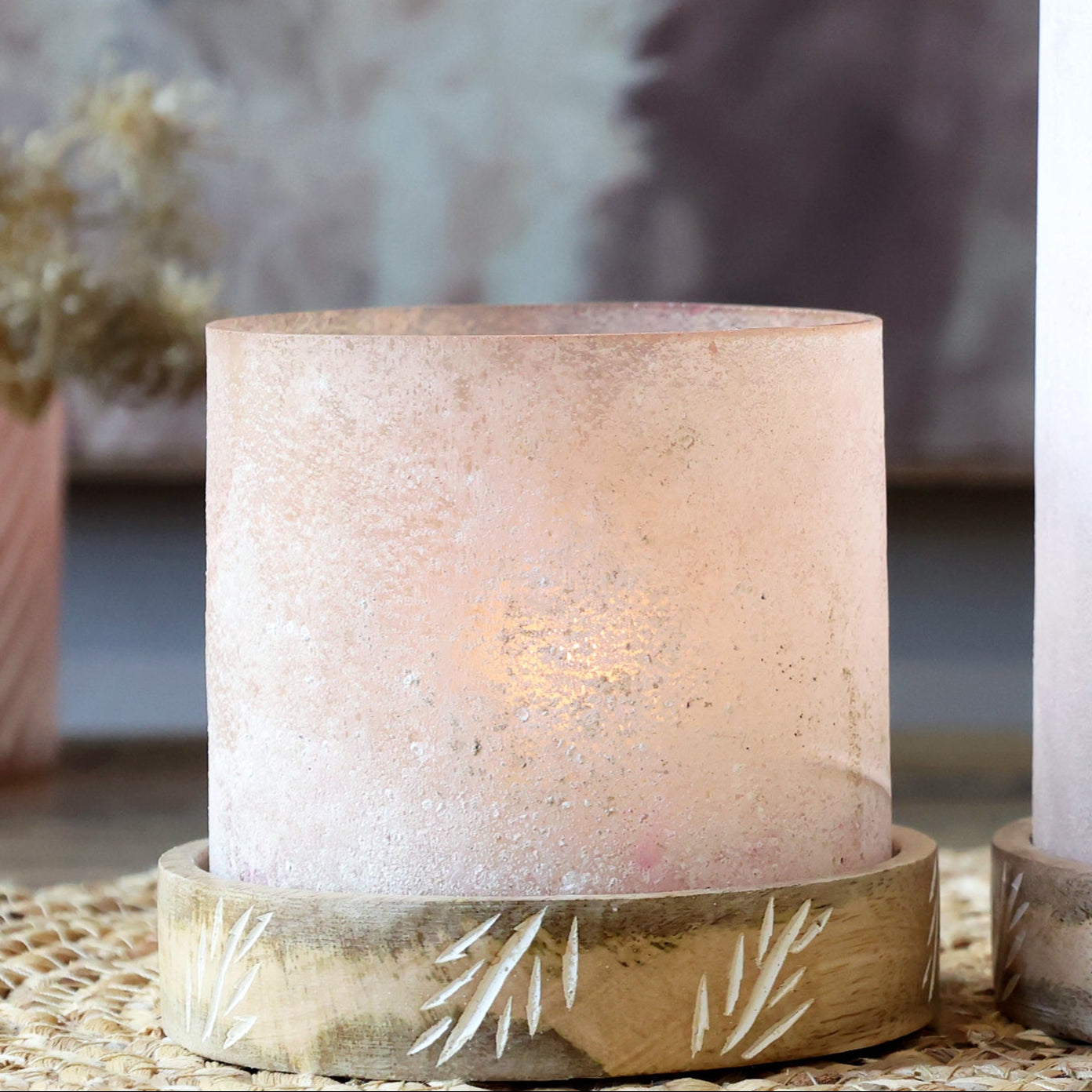 Engraved Wood and Glass Candle Holder in Pink