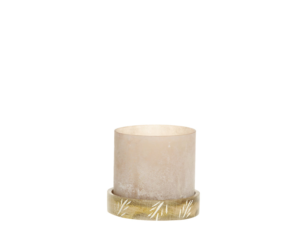 Engraved Wood and Glass Candle Holder in Pink
