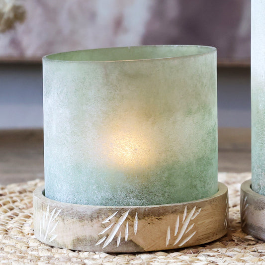 Engraved Wood and Glass Candle Holder in Green