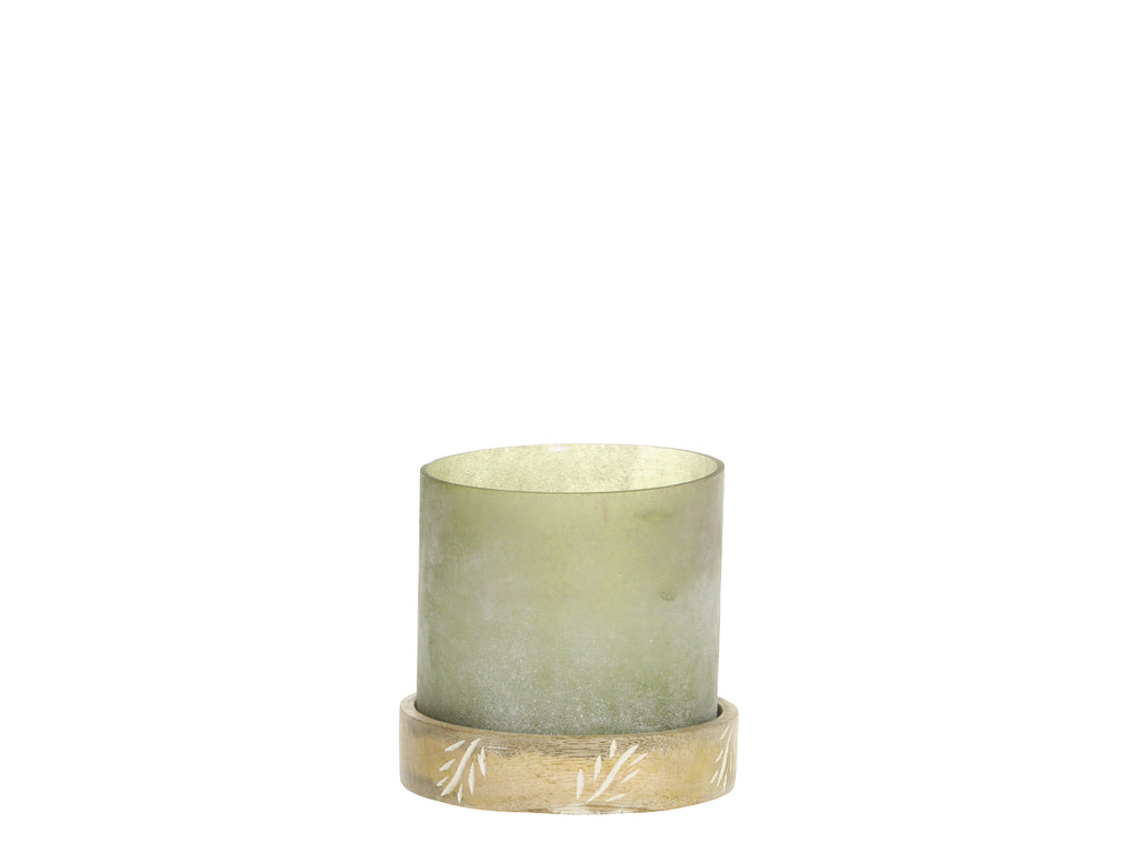 Engraved Wood and Glass Candle Holder in Green