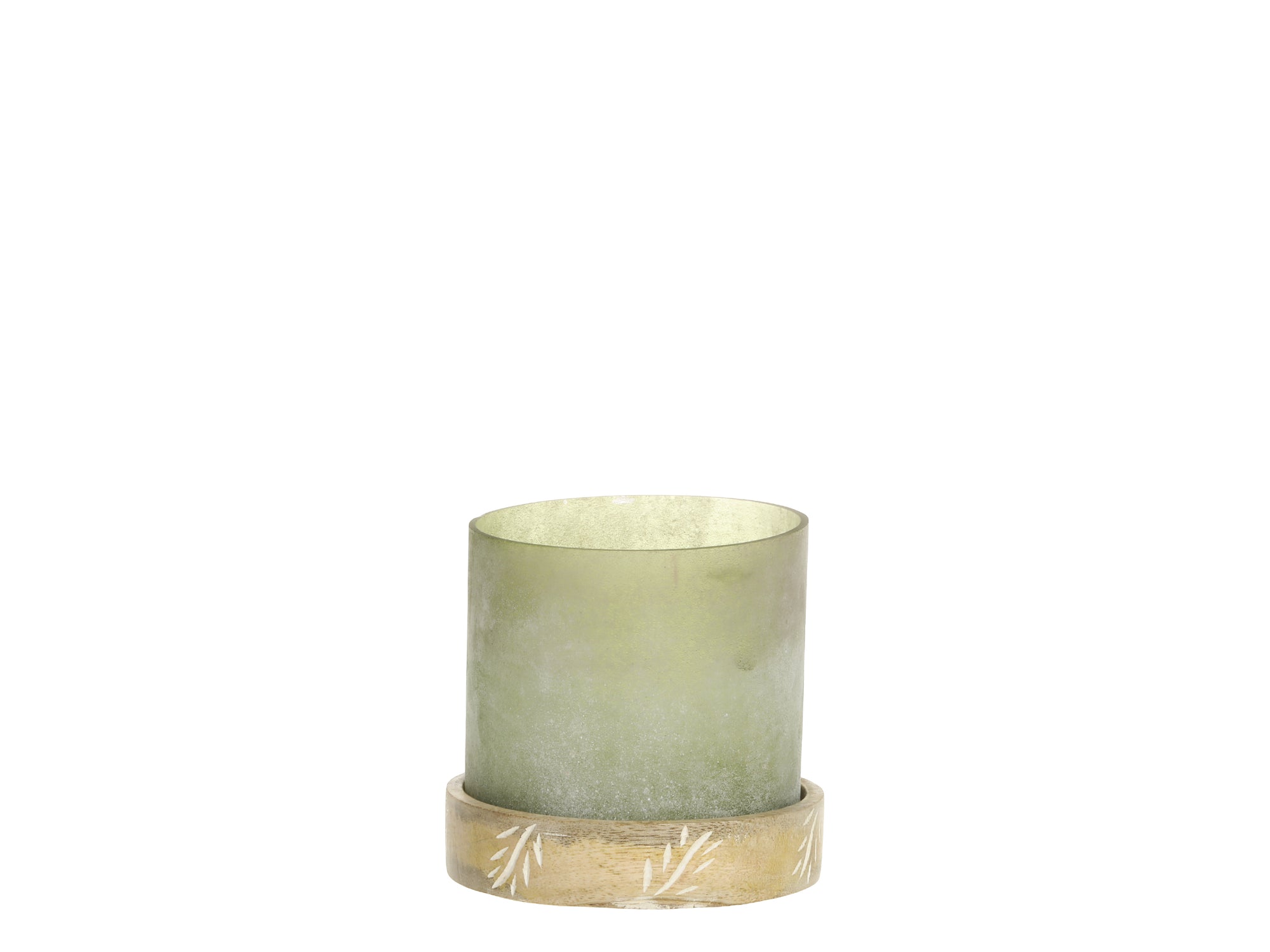Engraved Wood and Glass Candle Holder in Green