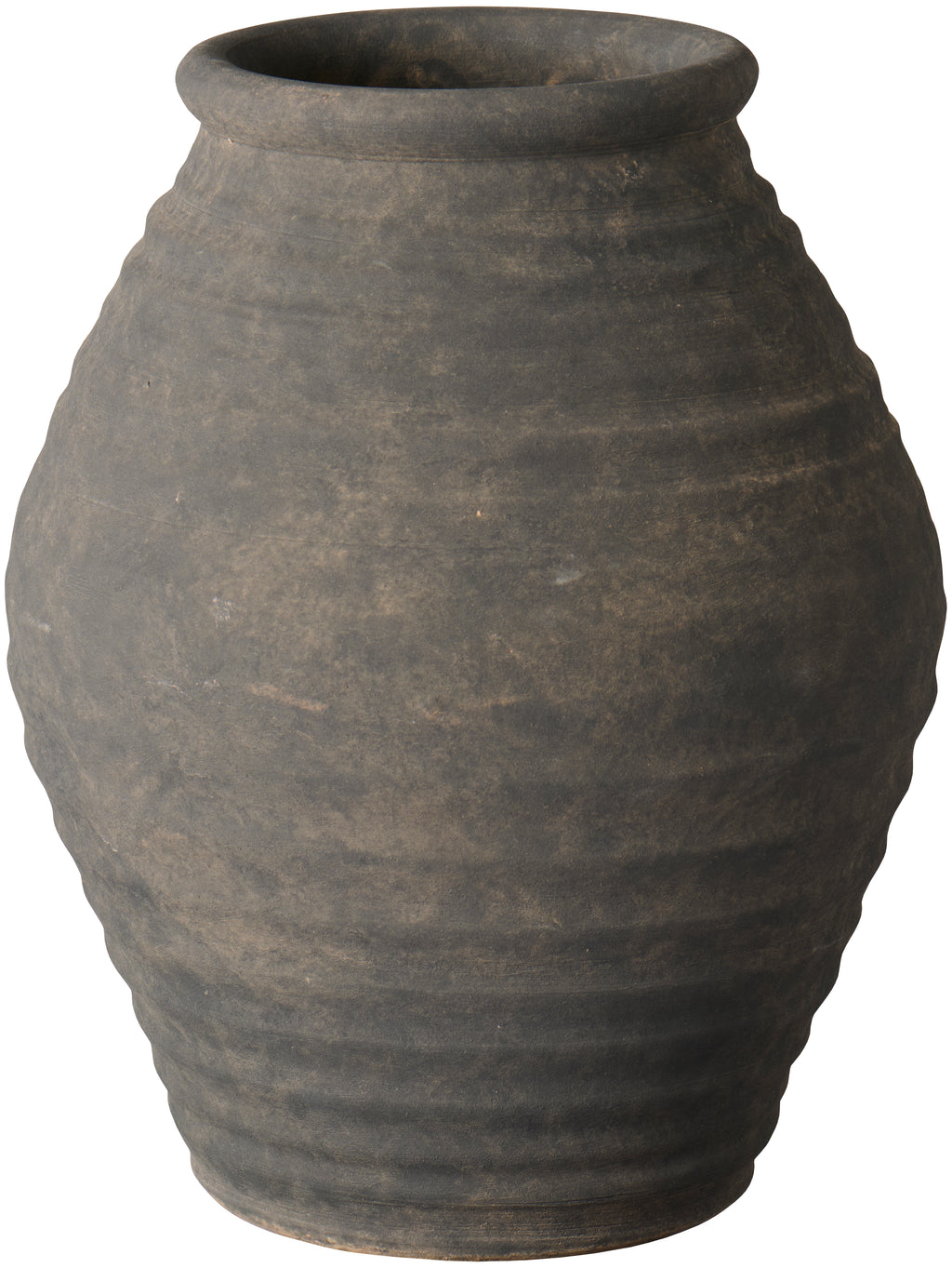dark textured terracotta vase on a white background
