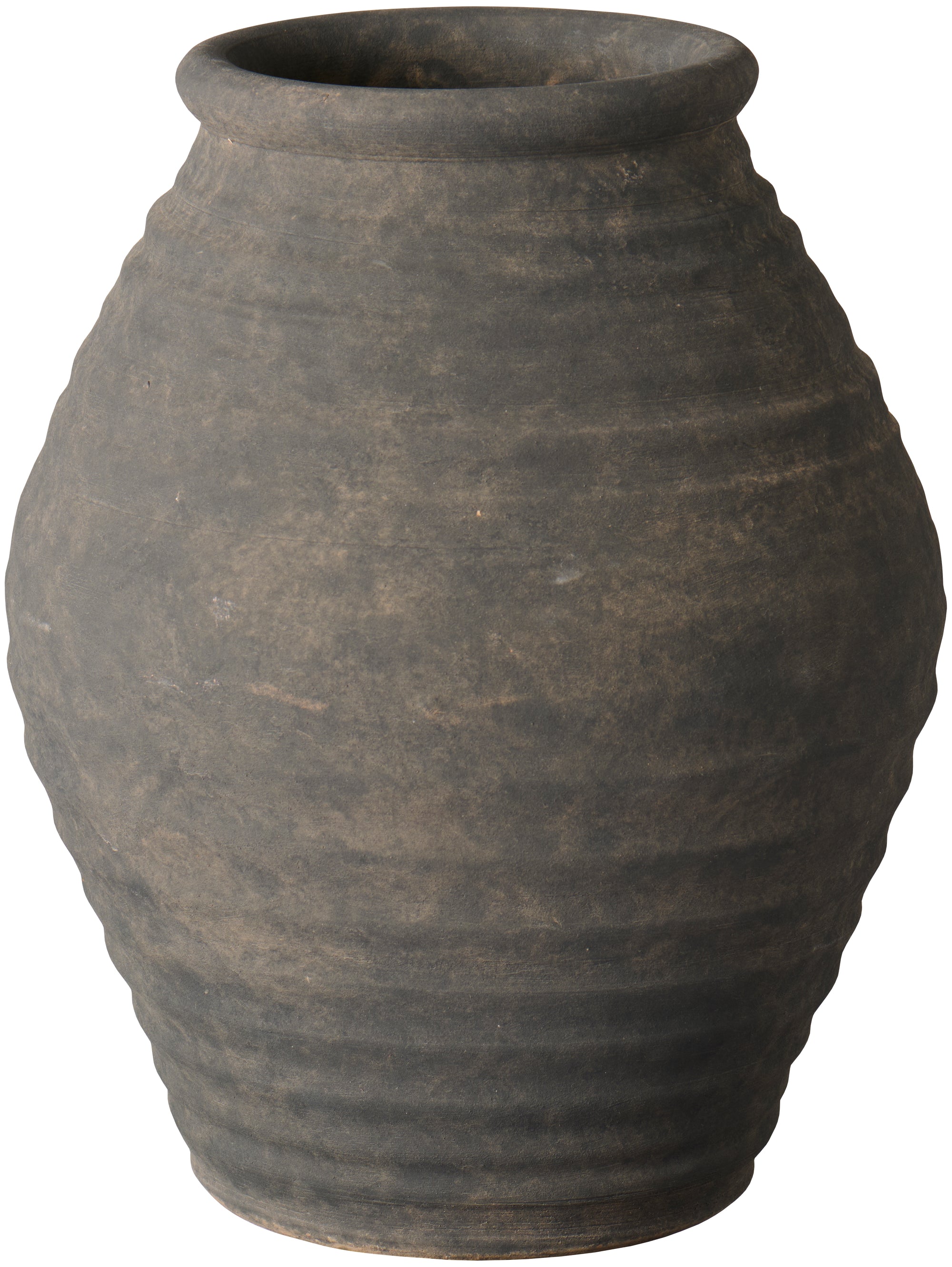 dark textured terracotta vase on a white background