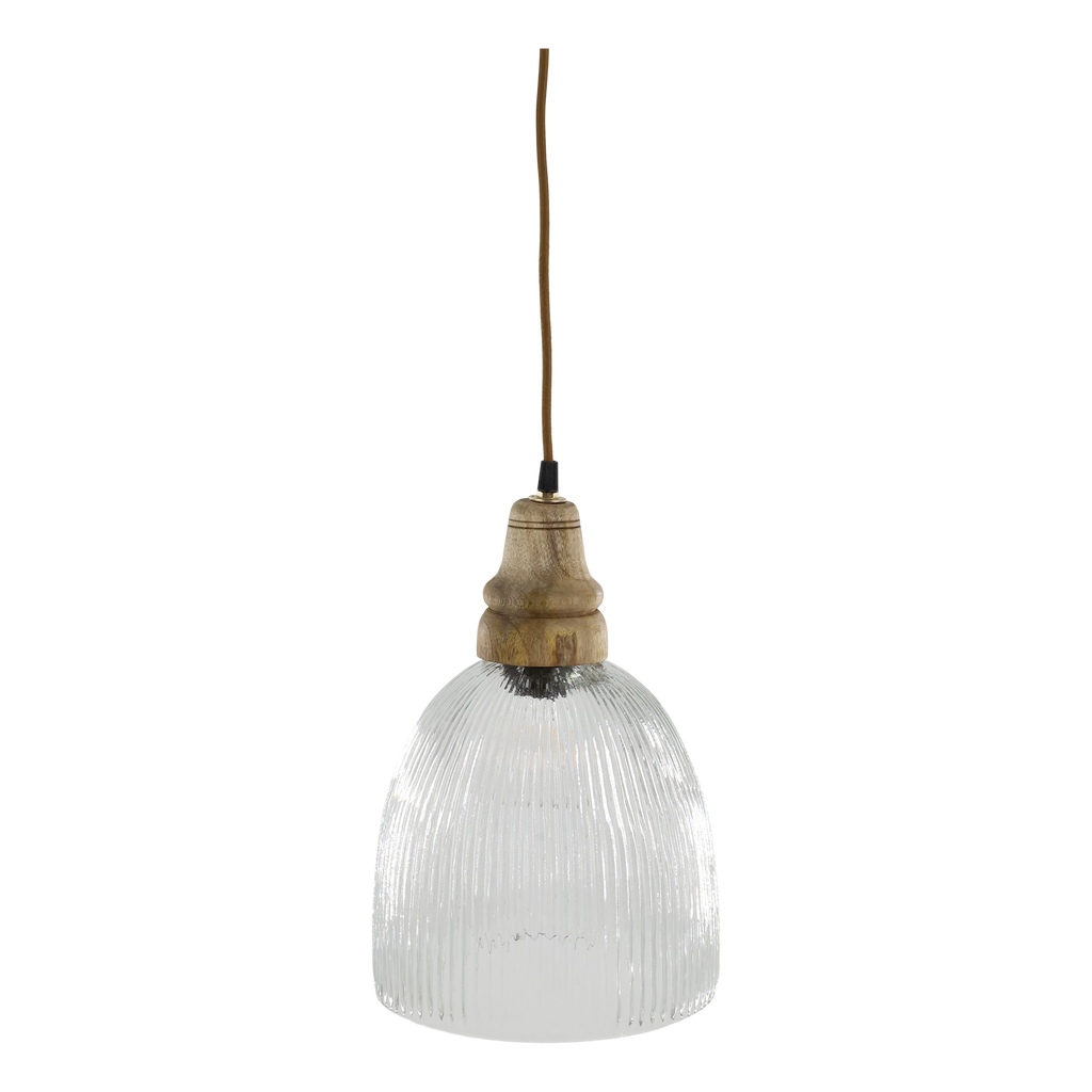 fluted glass pendant light with wooden top against transparent background