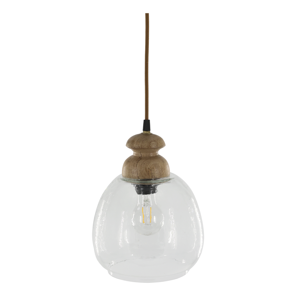 hammered glass pendant light with wooden top on transparent background