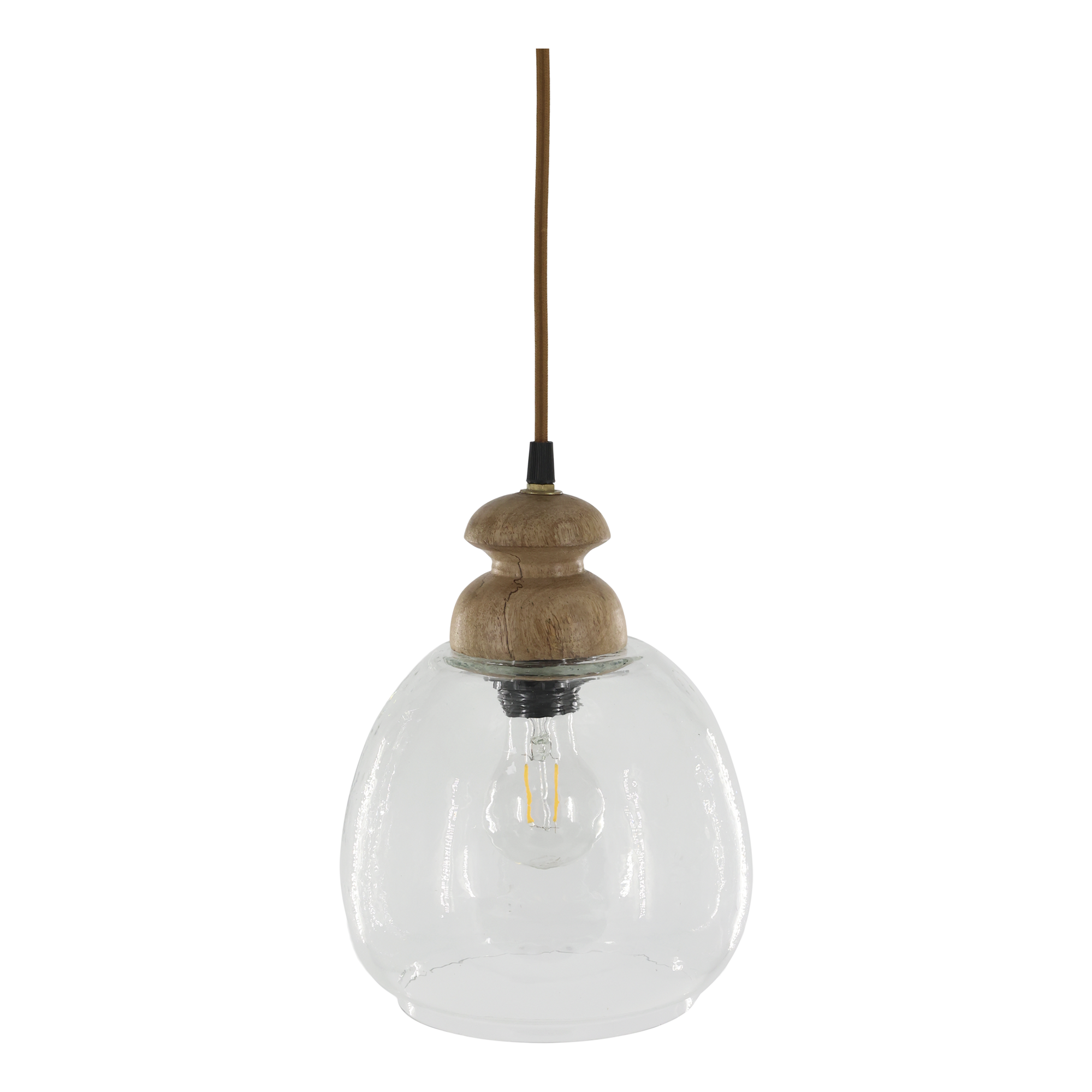 hammered glass pendant light with wooden top on transparent background