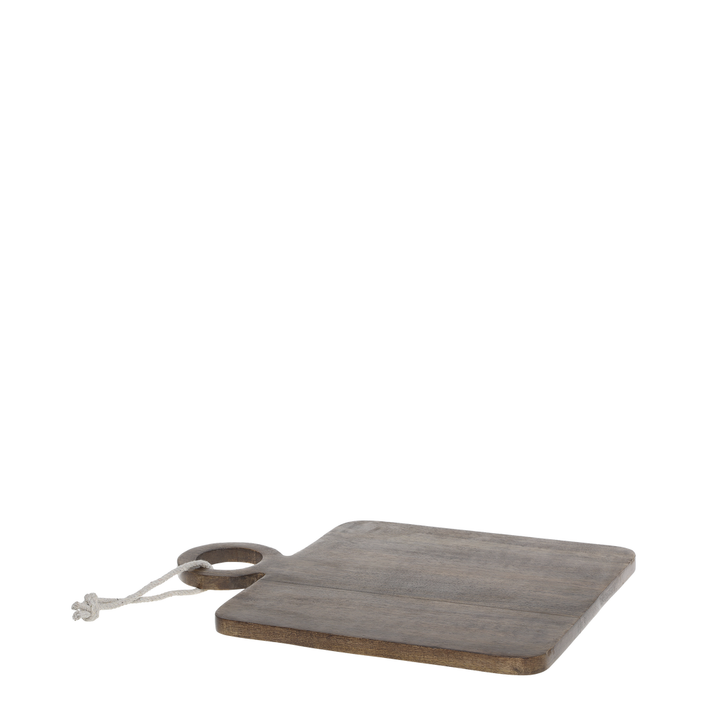 square wooden serving board with round handle on a transparent background