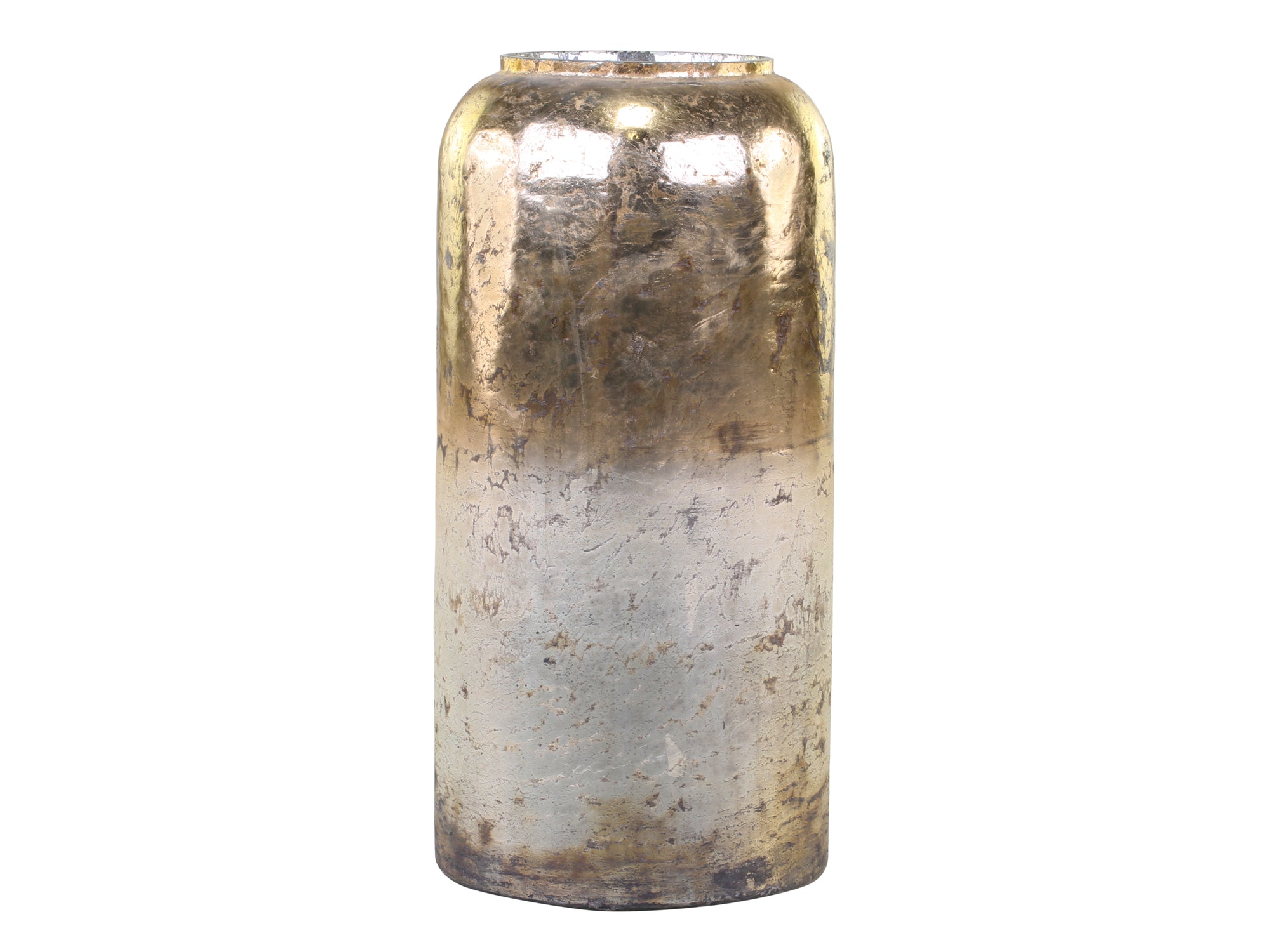 tall cylindrical decorative vase in a gold and bronze colour against a white background